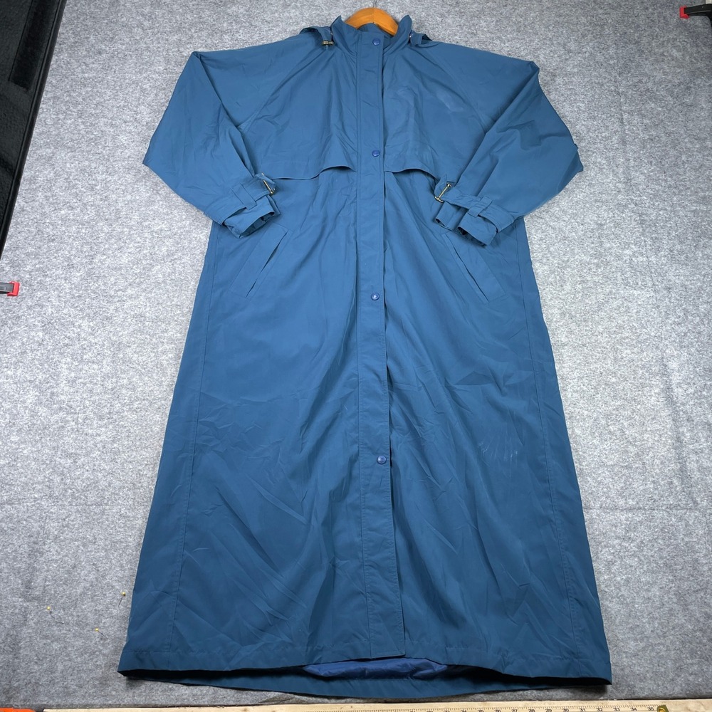 Vintage Full Length Hooded Trench Raincoat Duster Womens XL Blue Trench Coat 90s